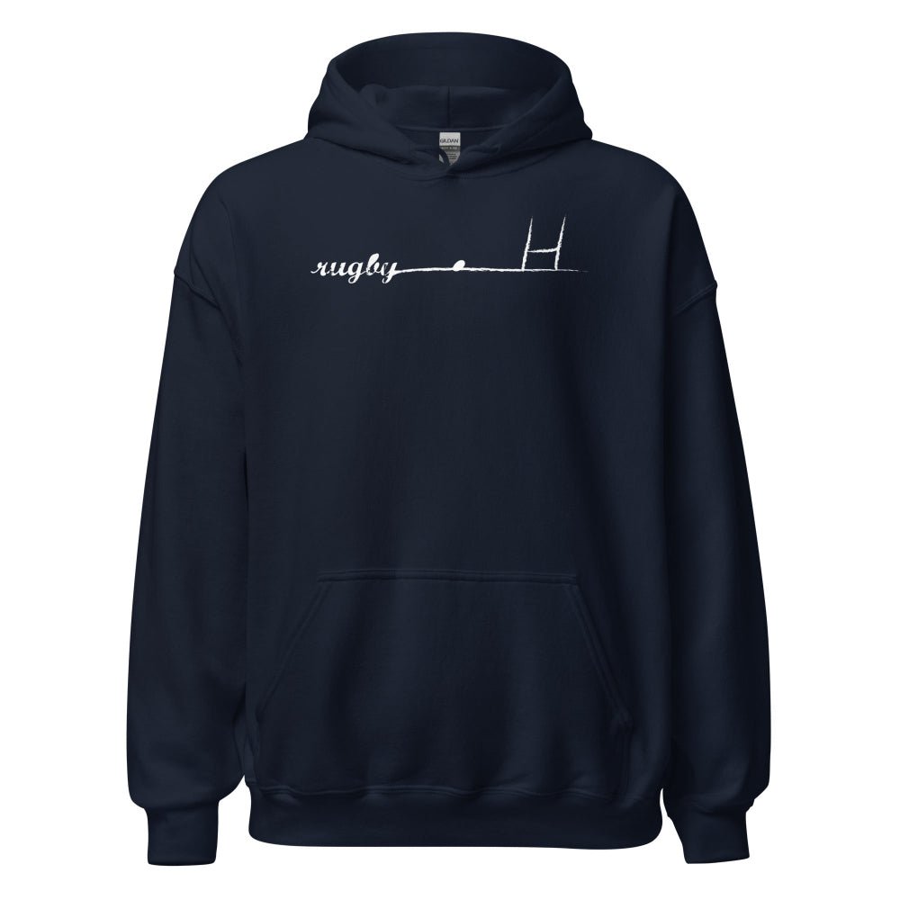Navy women's rugby hoodie with minimalist goalpost and cursive rugby graphic, cozy fit for rugby fans and players. - Rugby Girl