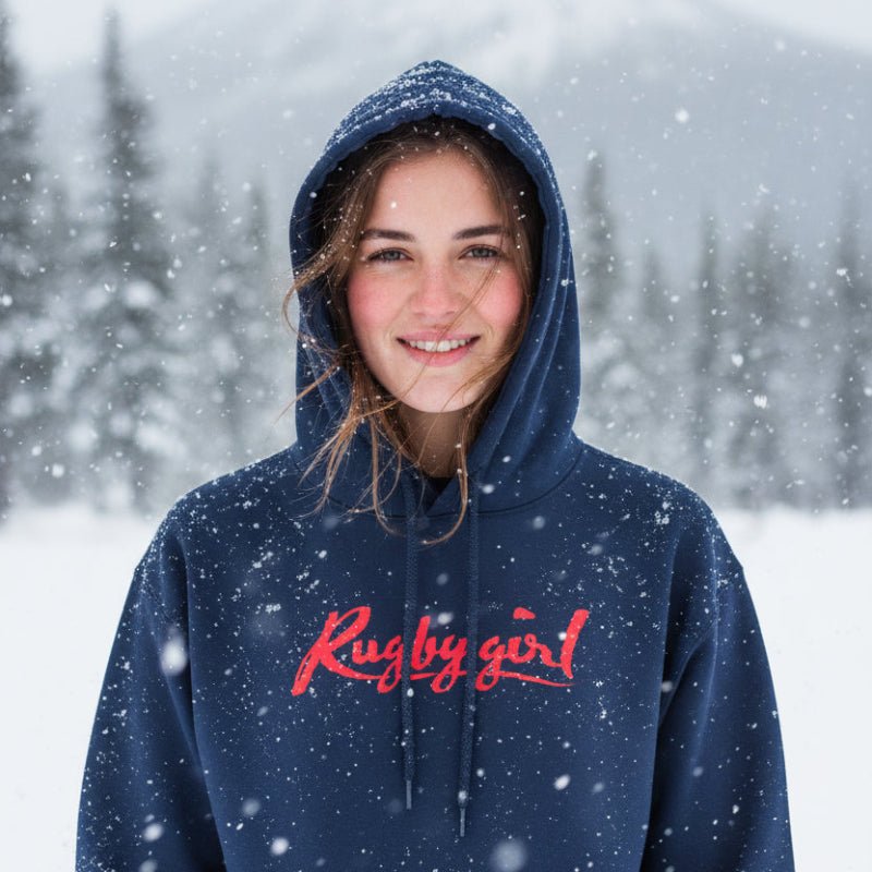 Navy women's rugby hoodie with red Rugby Girl signature logo, cozy winter wear for rugby fans and players. - Rugby Girl