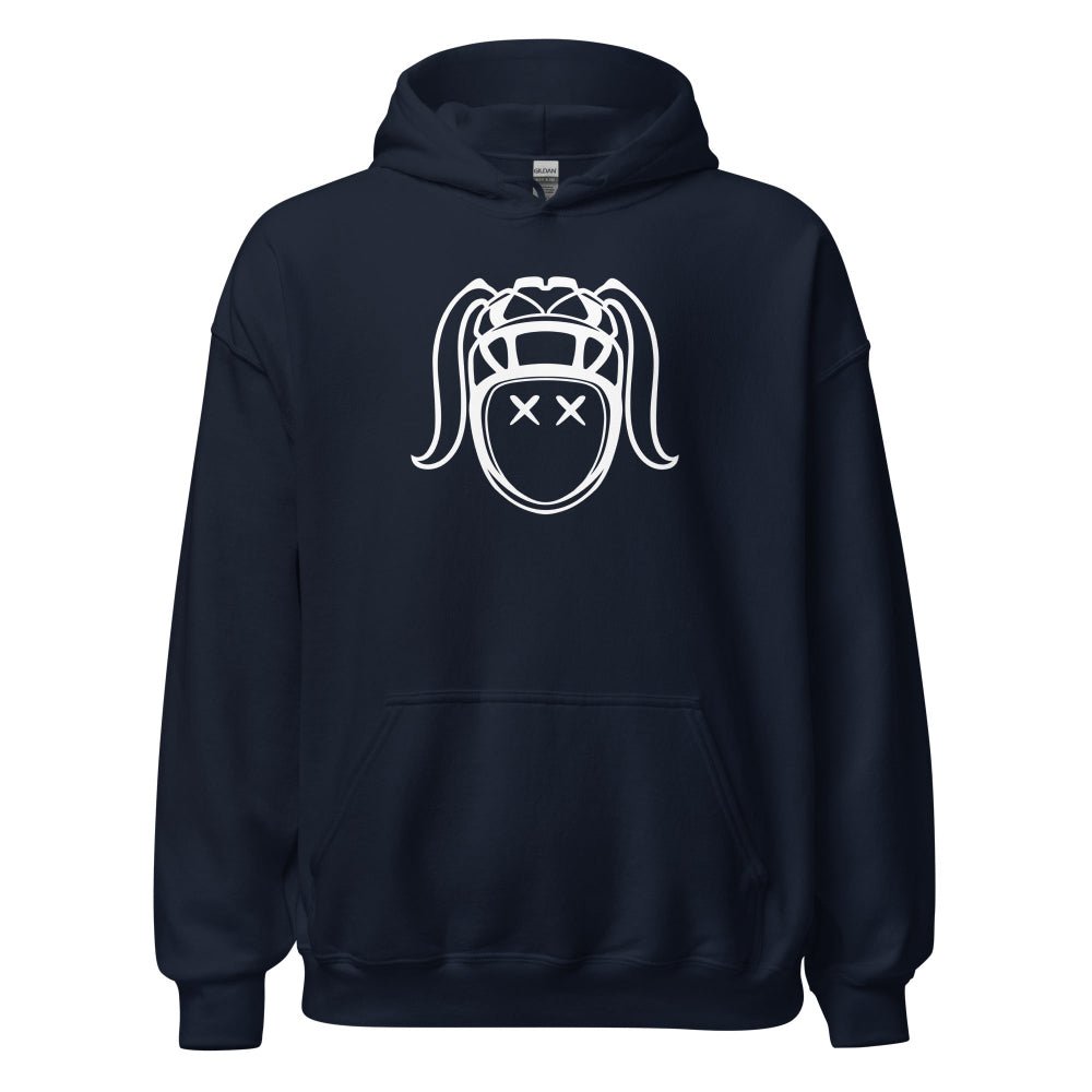 Dark navy women's rugby hoodie with bold white graphic of a rugby girl face, casual athletic style. - Rugby Girl