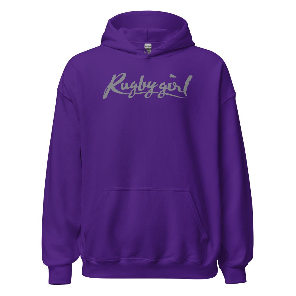 Purple women's rugby hoodie with silver "Rugby girl" script, relaxed fit, kangaroo pocket. - Rugby Girl