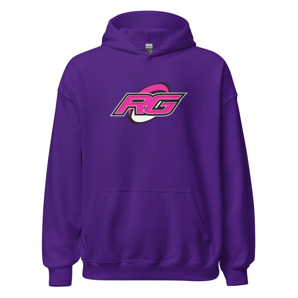 Purple women's rugby hoodie with bold RG logo in pink and white, casual rugby apparel for rugby girls and fans. - Rugby Girl