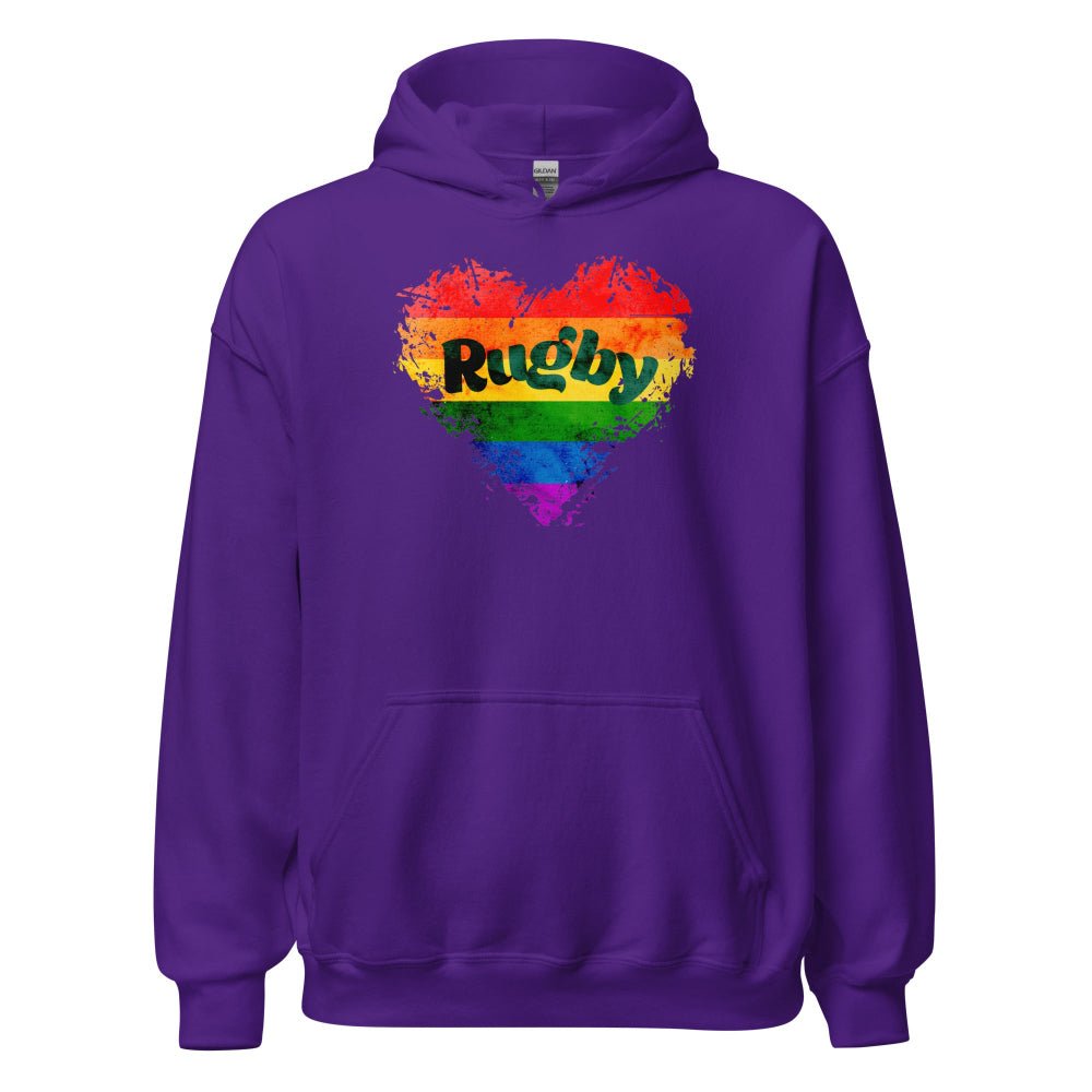 Purple women's rugby hoodie with rainbow heart and bold "Rugby" text, casual rugby gift style. - Rugby Girl