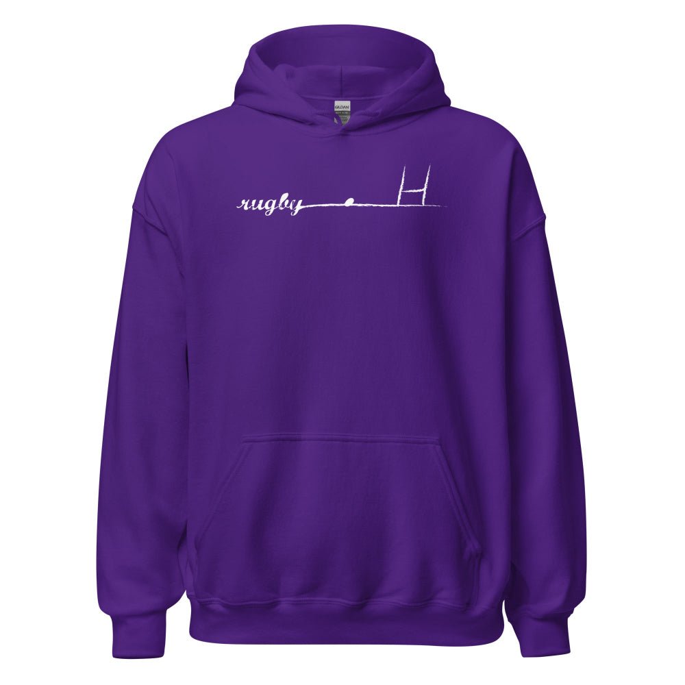 Women's purple rugby hoodie with white rugby girl goalpost graphic, casual rugby apparel. - Rugby Girl