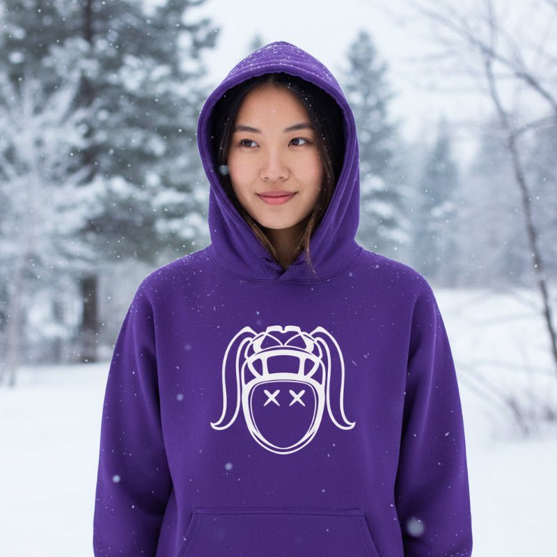 Purple women's rugby hoodie featuring bold white graphic of a stylized rugby girl face, cozy fit for leisure and sports fans. - Rugby Girl