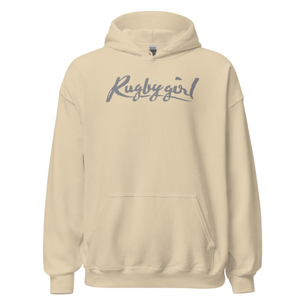 Sand-colored women's rugby hoodie with navy "Rugby girl" script and a front kangaroo pocket. - Rugby Girl
