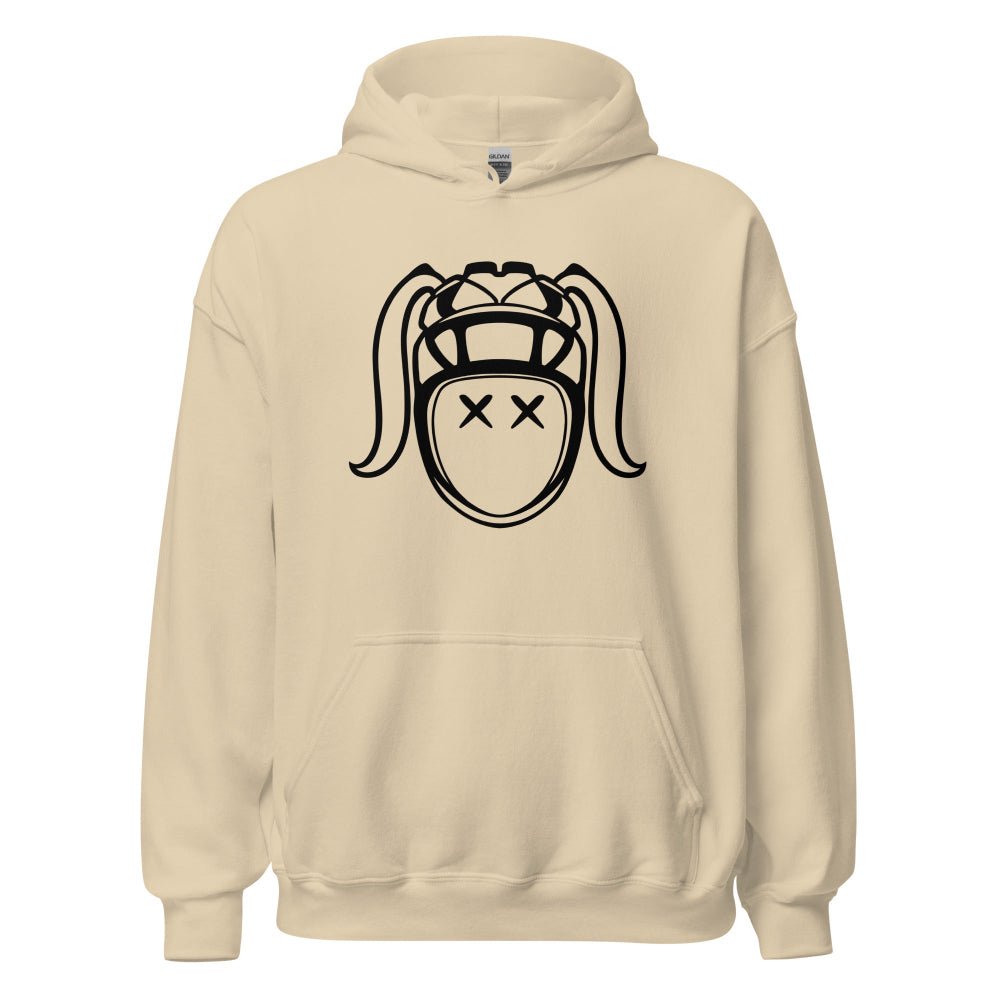 Sand-colored women's rugby hoodie featuring bold black rugby girl graphic with pigtails and helmet. - Rugby Girl