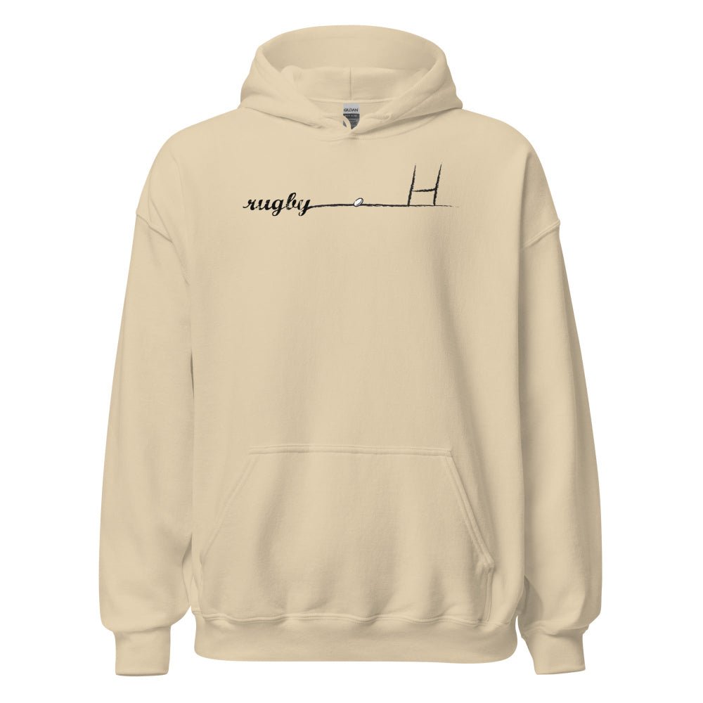 Sand colored women's rugby hoodie with minimalist rugby goalpost and scripted text design. - Rugby Girl