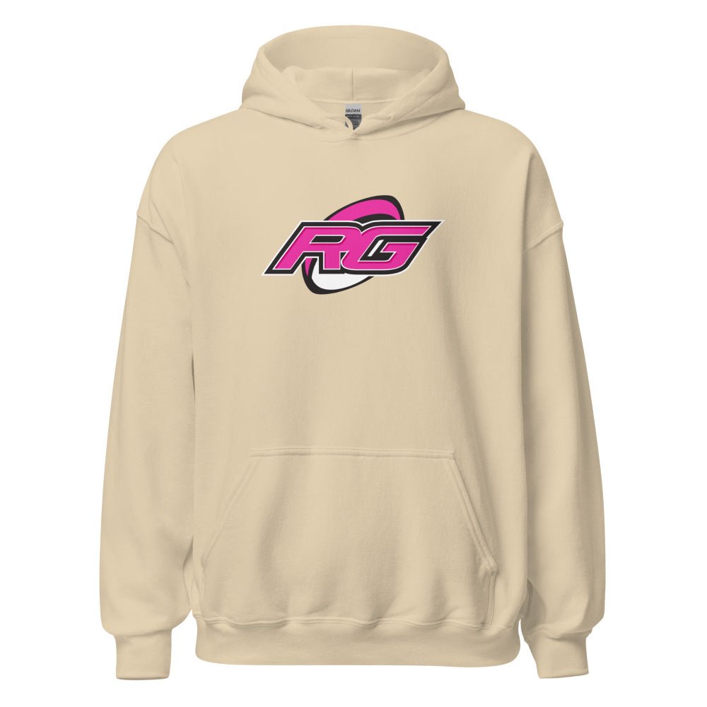 Sand-colored women's rugby hoodie with bold pink and black RG logo, front kangaroo pocket. - Rugby Girl