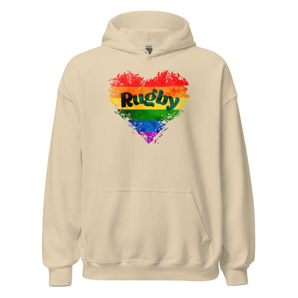 Women's rugby hoodie in sand color with rainbow heart and "Rugby" text design, casual rugby girl apparel. - Rugby Girl