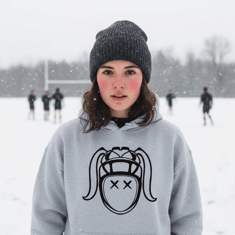 Ash grey women's rugby hoodie with bold black rugby girl graphic, styled for cold weather layering. - Rugby Girl