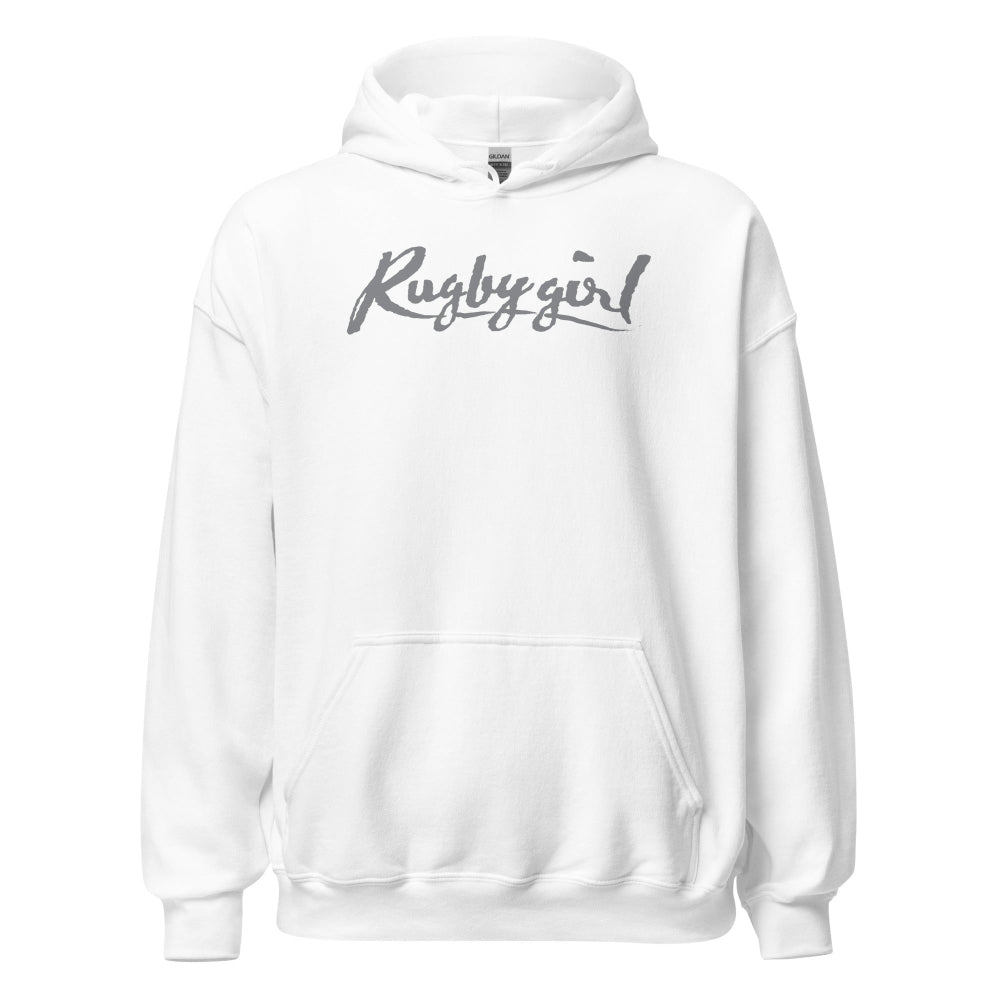 White women's rugby hoodie with "Rugby girl" script, casual sporty style, kangaroo pocket. - Rugby Girl
