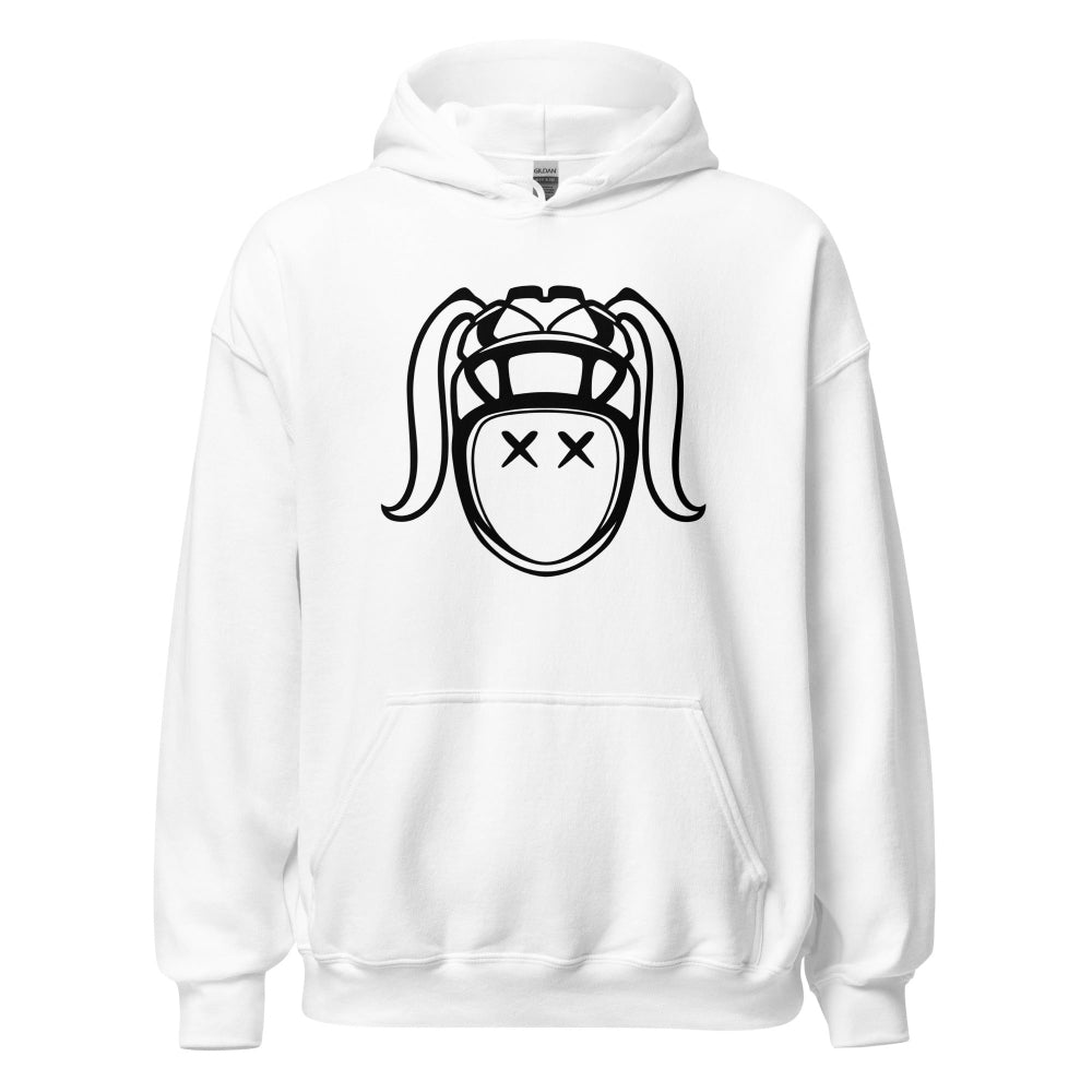 White women's rugby hoodie with bold black rugby girl graphic and front kangaroo pocket. - Rugby Girl