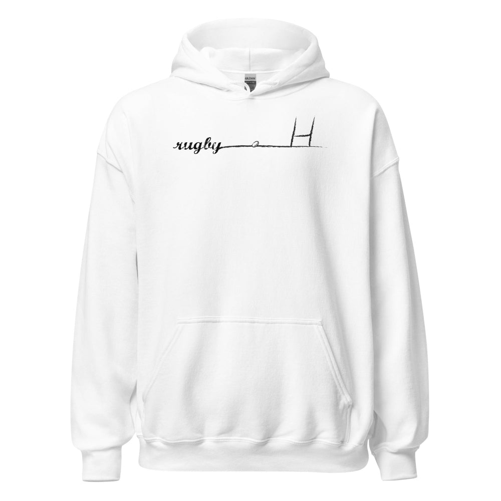 White women's rugby hoodie with minimalist rugby goalpost and script design, casual sportswear for rugby girls. - Rugby Girl