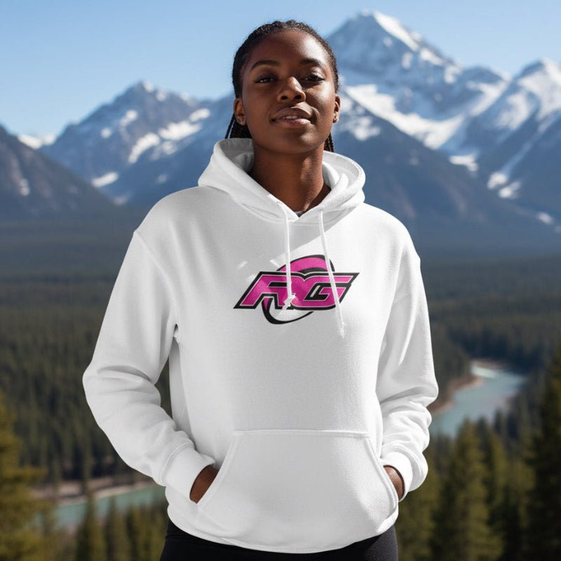 White women's rugby hoodie with bold pink and black RG Impact logo, casual rugby apparel for rugby girls and fans. - Rugby Girl