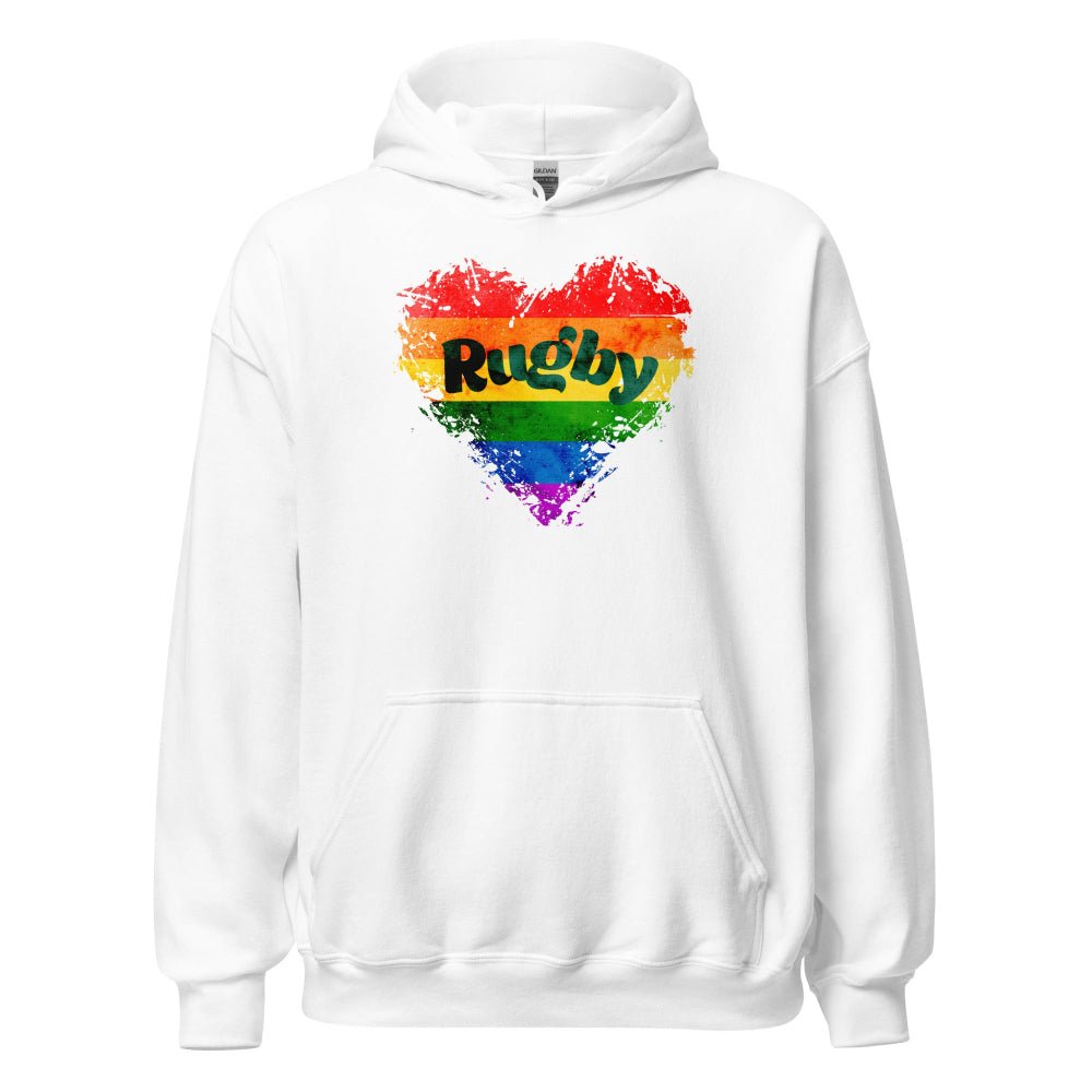 White women's rugby hoodie with rainbow heart and Rugby text, bold pride design, rugby gift idea. - Rugby Girl