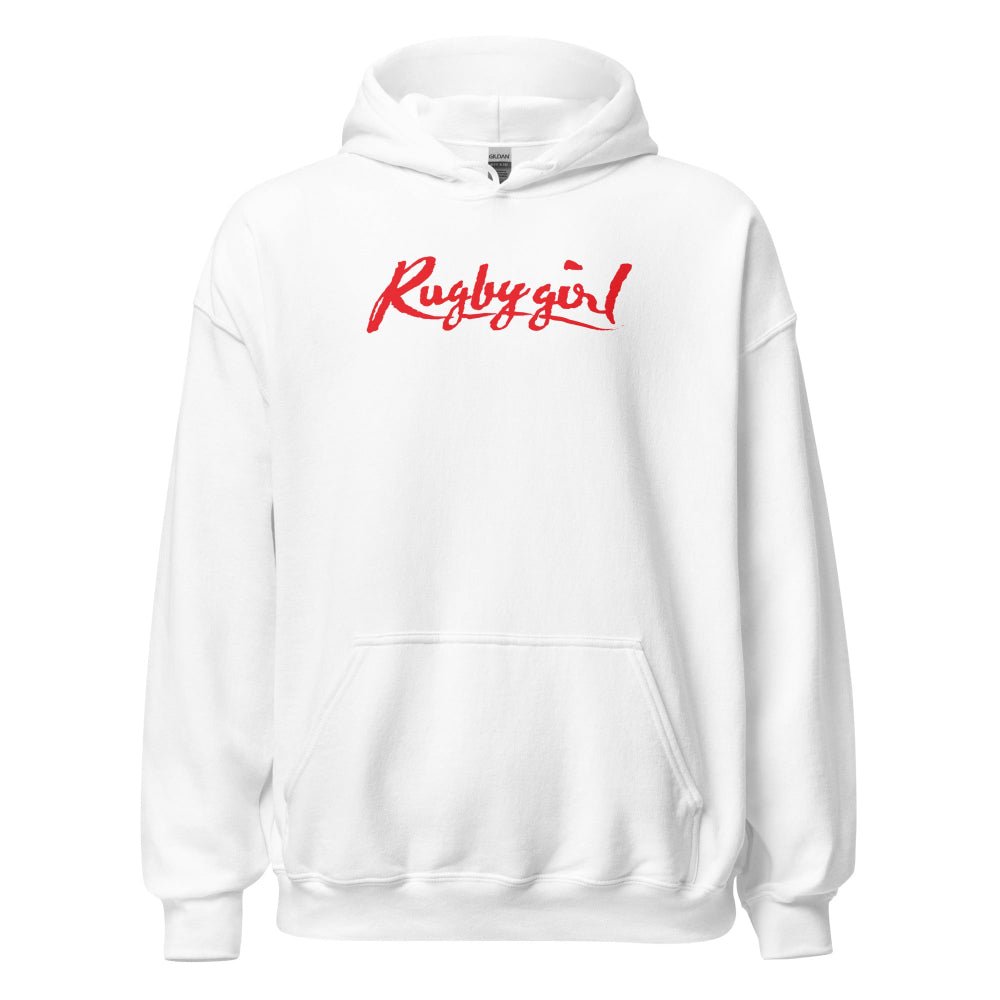 White women's rugby hoodie with bold red "Rugby girl" script, cozy and stylish rugby apparel. - Rugby Girl