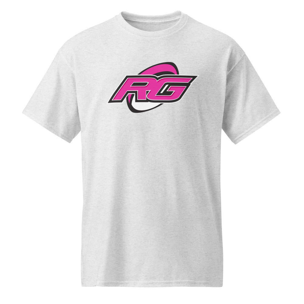 White women's rugby t-shirt with bold pink and black RG logo, breathable DryBlend fabric. - Rugby Girl