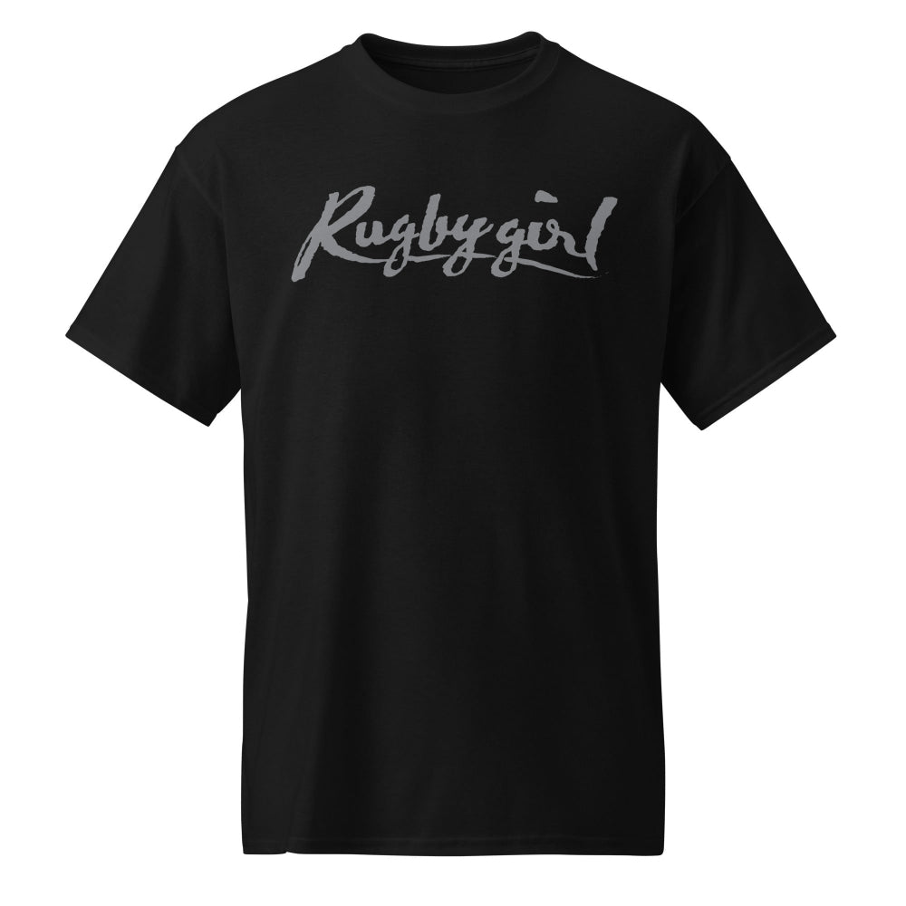 Black women's rugby t-shirt with bold silver "Rugby girl" script, casual rugby apparel. - Rugby Girl