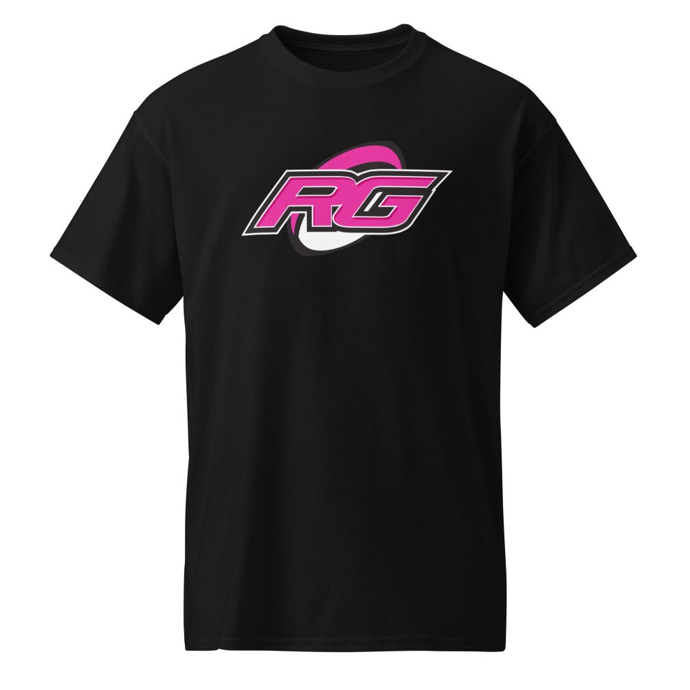 Black women's rugby t-shirt with bold pink and white RG logo, casual rugby apparel. - Rugby Girl