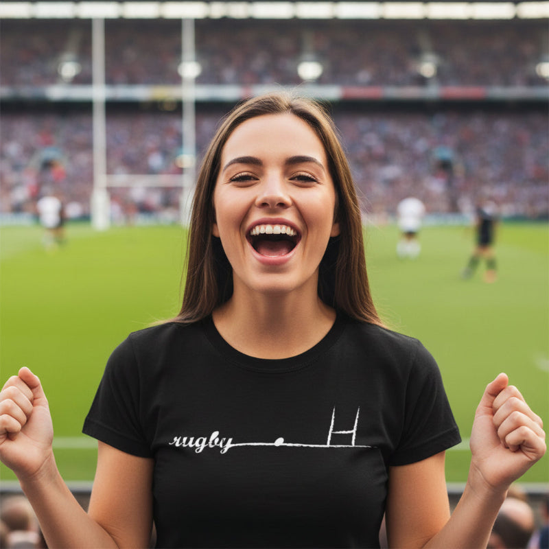 Black women's rugby t-shirt with white rugby goalpost and script design, casual rugby apparel. - Rugby Girl
