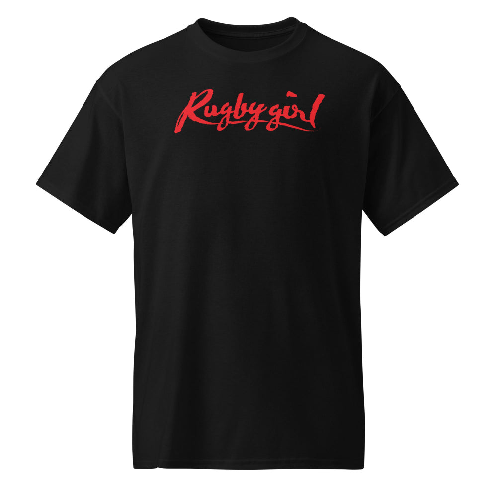 Black women's rugby t-shirt with bold red "Rugby girl" script, casual sportswear rugby apparel. - Rugby Girl