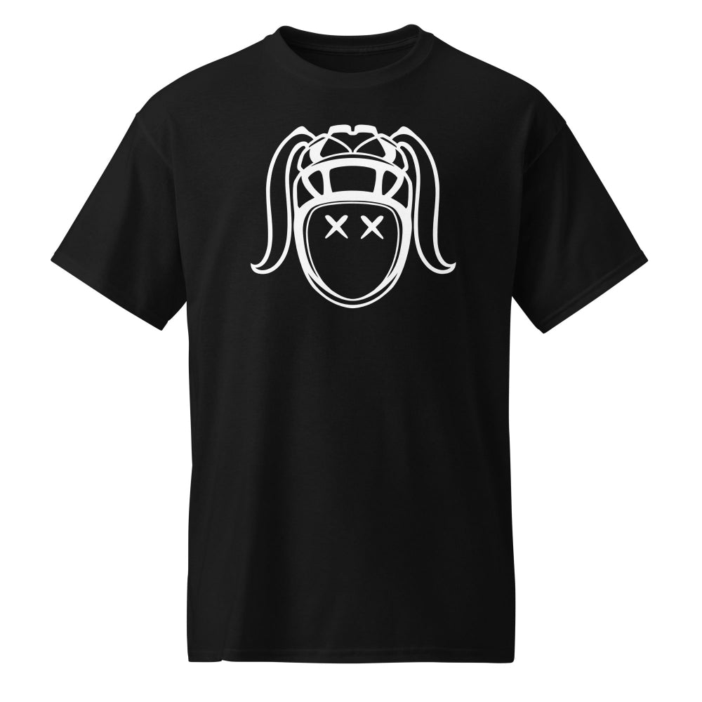 Black women's rugby t-shirt with bold white stylized rugby girl face graphic, casual fit. - Rugby Girl