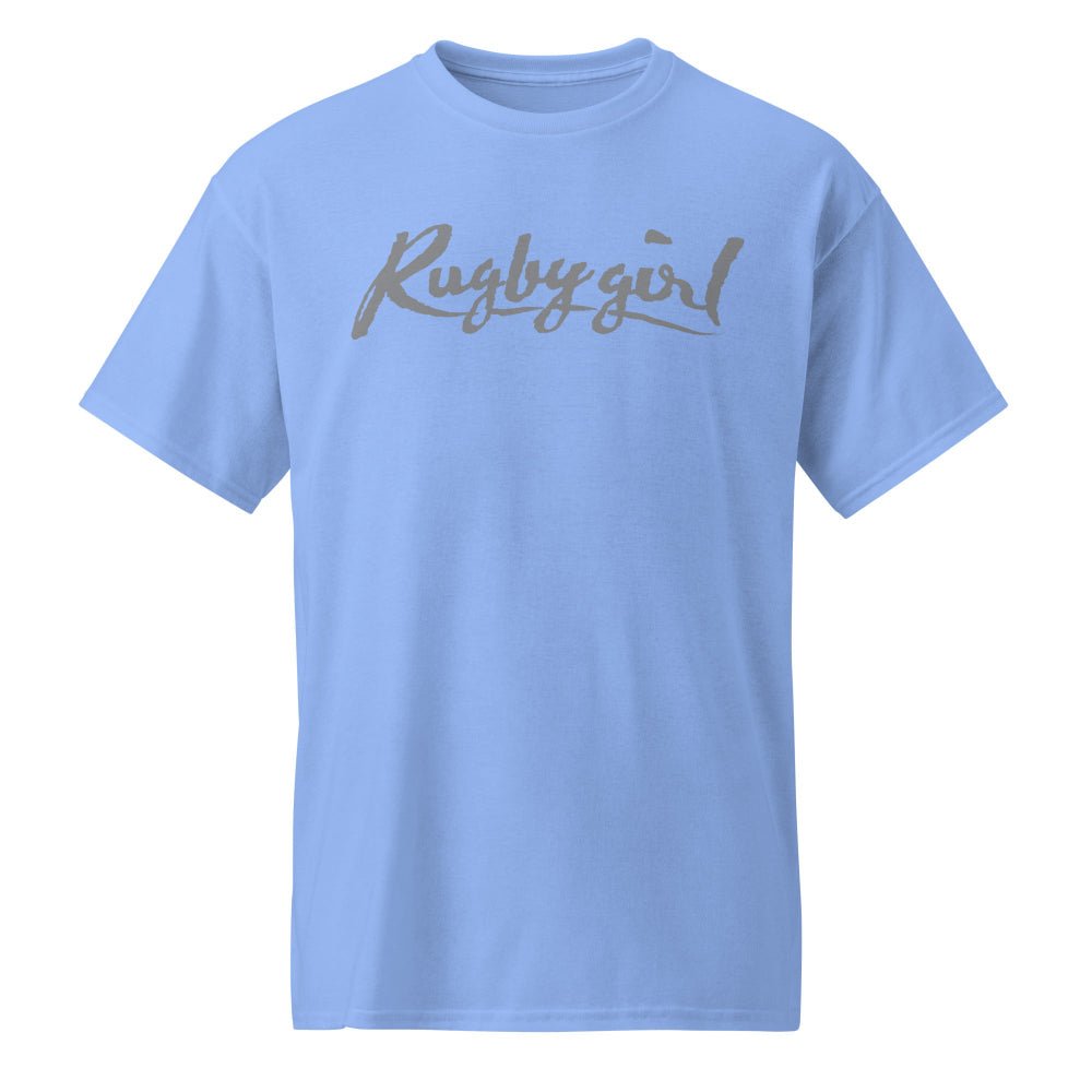 Carolina blue women's rugby t-shirt with bold "Rugby girl" script for rugby apparel fans. - Rugby Girl