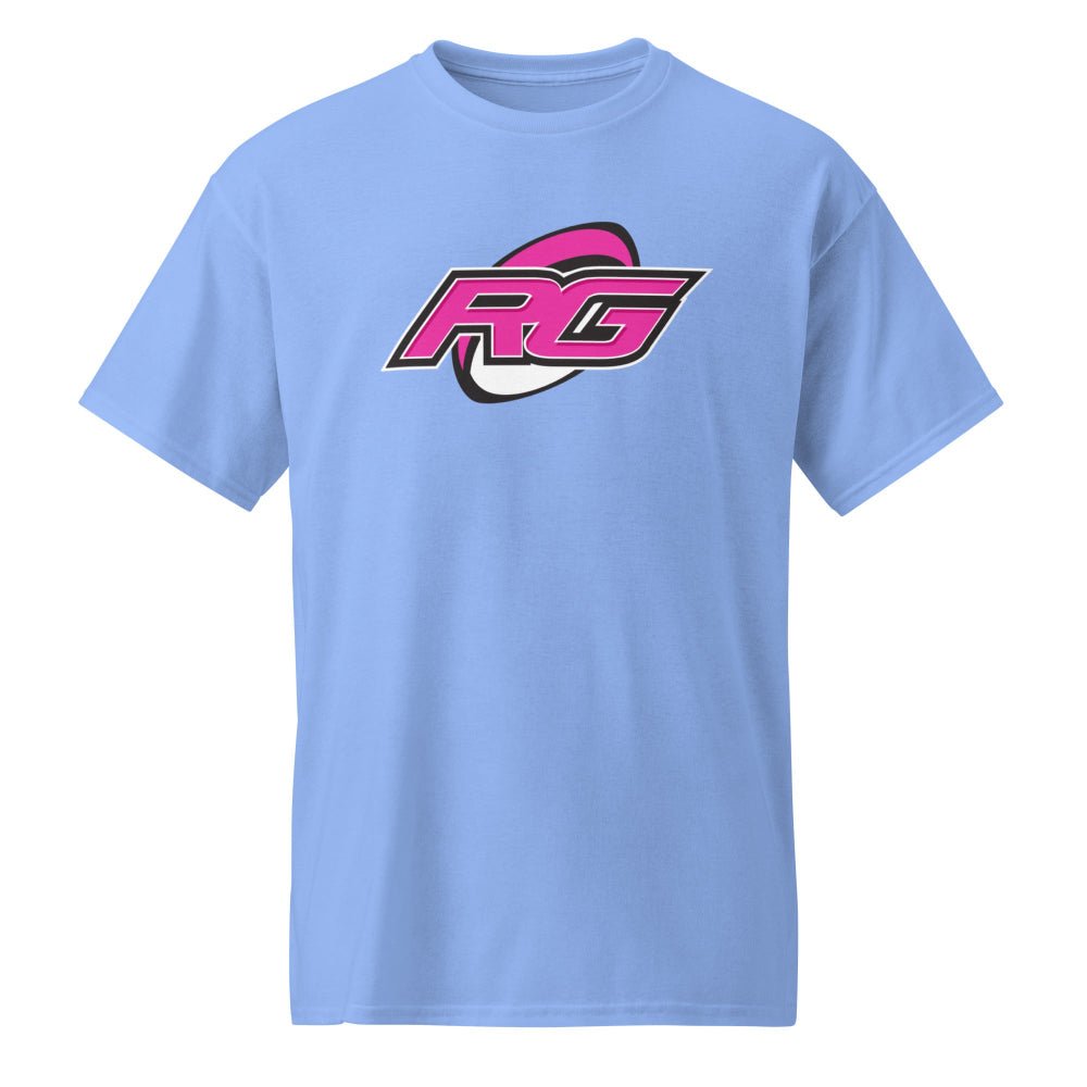 Carolina blue women's rugby t-shirt with bold pink and black RG logo, casual rugby apparel. - Rugby Girl