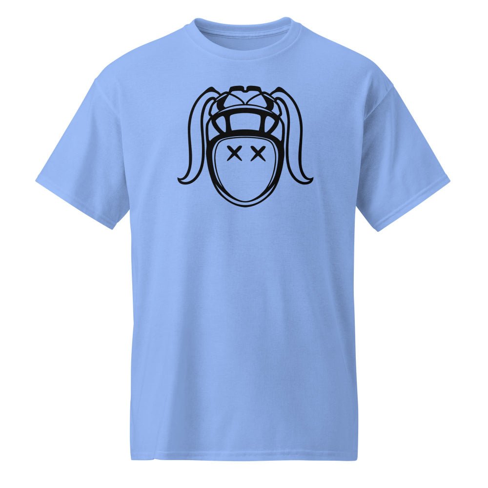 Carolina blue women's rugby t-shirt with bold black Harlequin face graphic, casual rugby apparel. - Rugby Girl