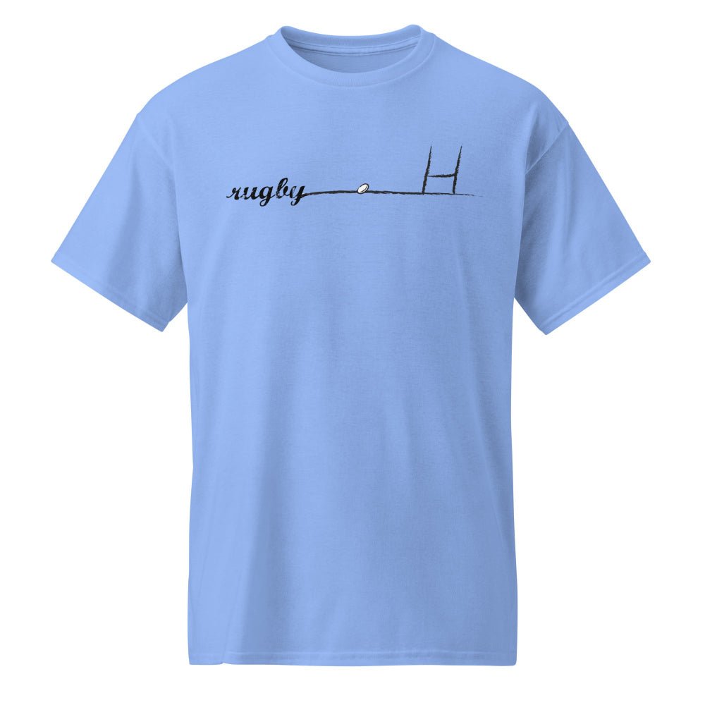 Carolina blue women's rugby t-shirt with minimalist goalpost and rugby ball design, casual rugby apparel. - Rugby Girl