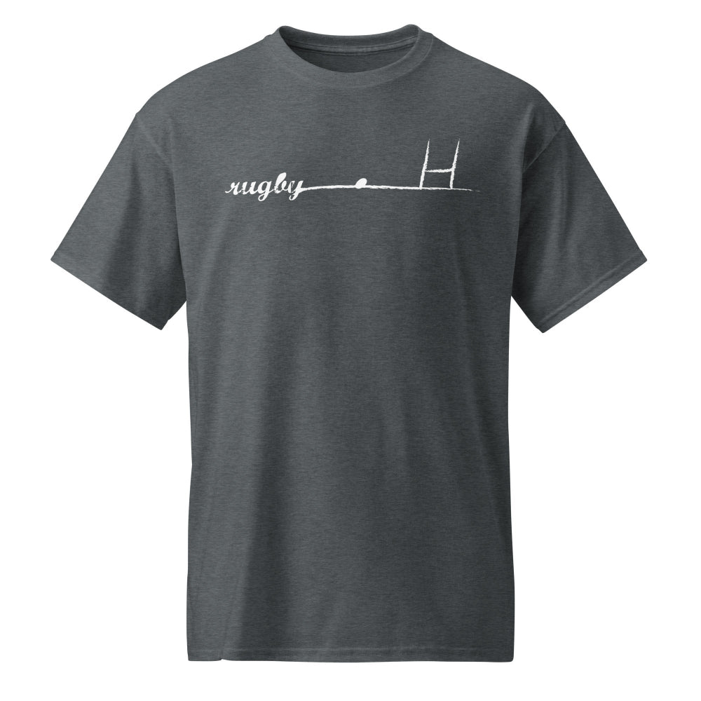 Dark grey women's rugby t-shirt with white rugby goalpost graphic and "rugby" text, casual fit. - Rugby Girl