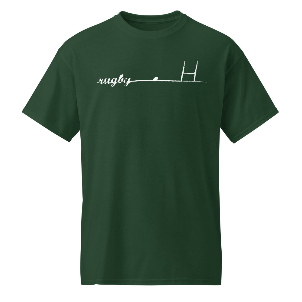 Dark green women's rugby t-shirt with white rugby goalpost graphic and cursive "rugby" text. - Rugby Girl