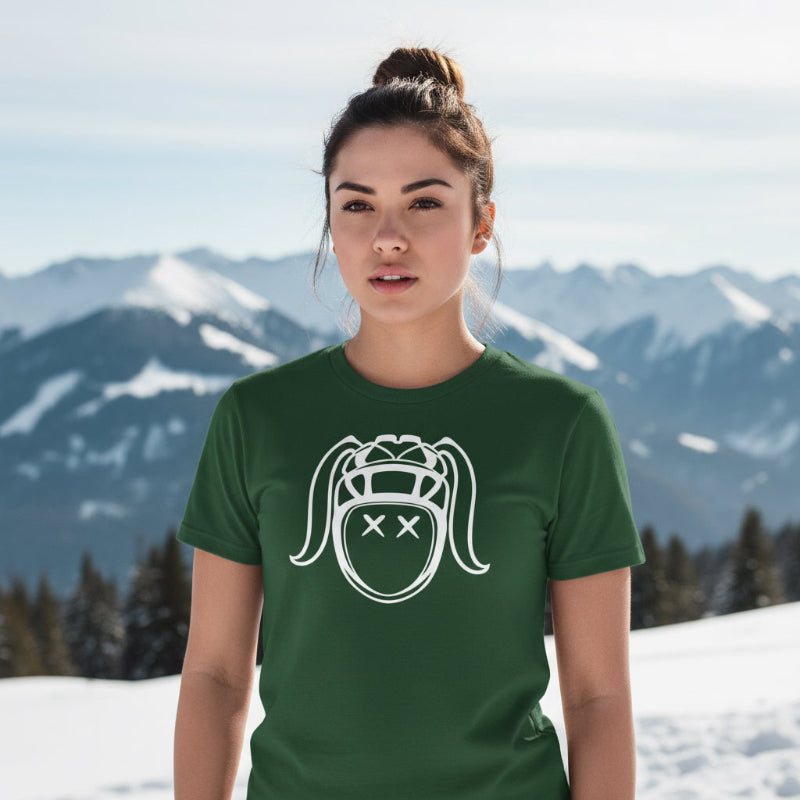 Women's forest green rugby t-shirt featuring bold white Harlequin face graphic, casual fit for rugby girl fans. - Rugby Girl