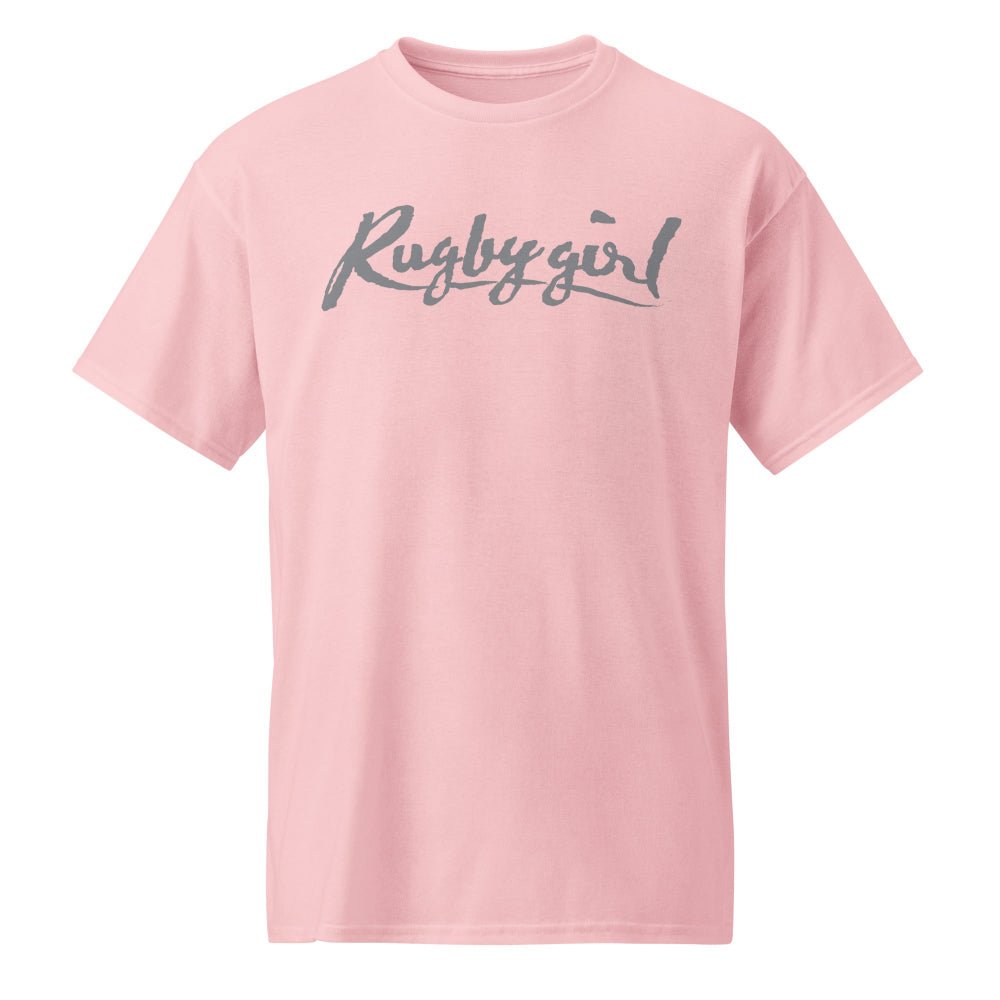 Light pink women's rugby t-shirt with dark gray "Rugby girl" script, casual rugby apparel. - Rugby Girl