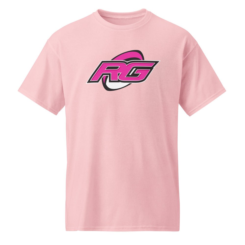 Light pink women's rugby t-shirt with bold RG logo, ideal rugby girl casual wear and rugby gift. - Rugby Girl