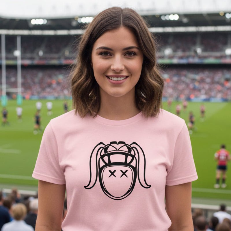 Light pink women's rugby t-shirt with bold black harlequin graphic, casual sporty style. - Rugby Girl