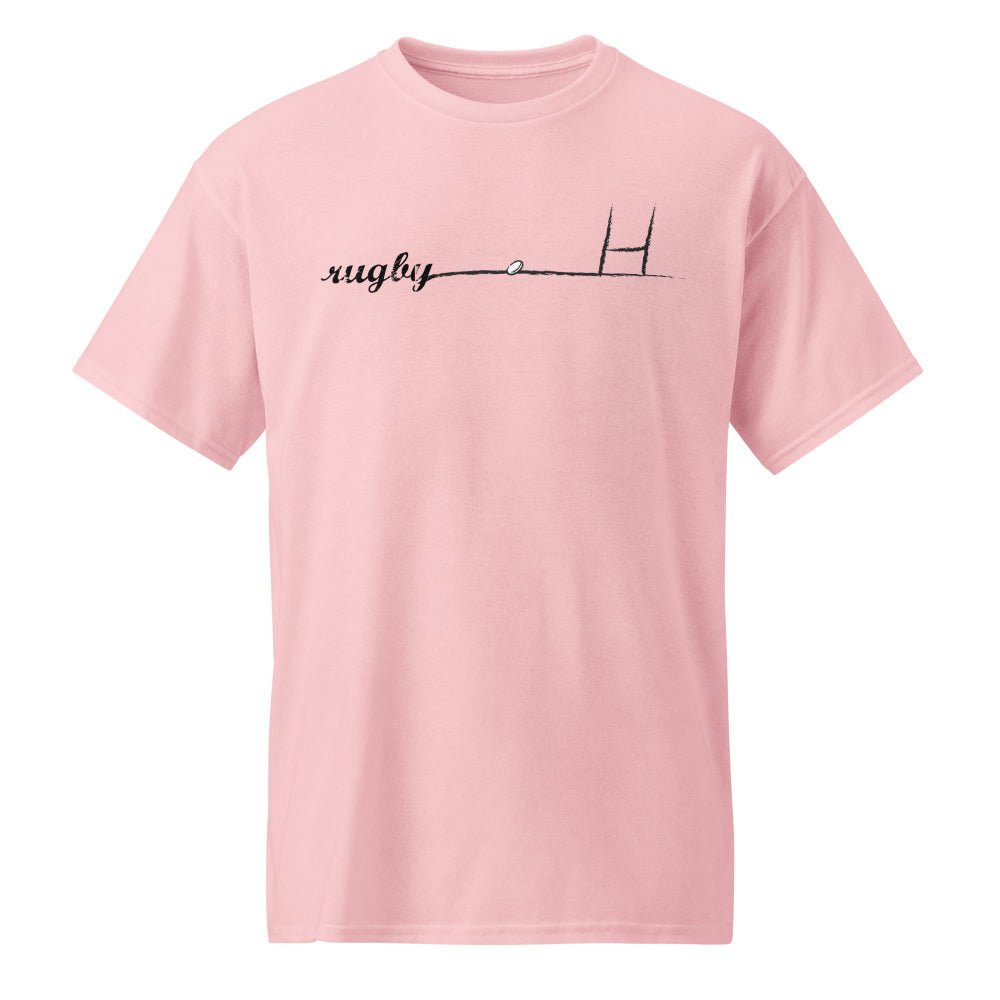 Light pink women's rugby t-shirt with minimalist rugby goalpost and script design. - Rugby Girl