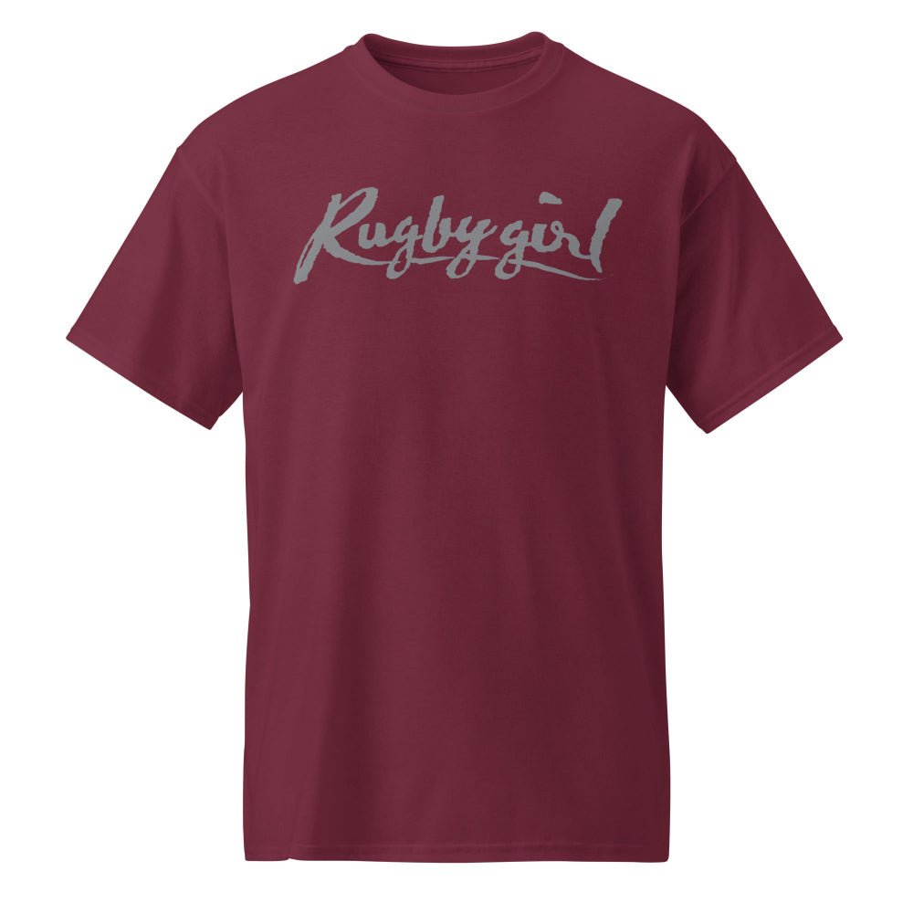 Maroon women's rugby t-shirt with silver "Rugby girl" script for rugby apparel fans and gifts. - Rugby Girl
