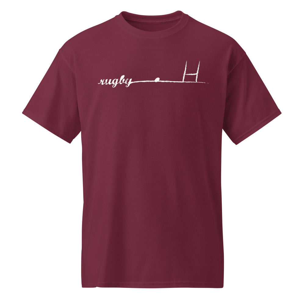 Maroon women's rugby t-shirt with white rugby goalpost graphic and "rugby" script. - Rugby Girl