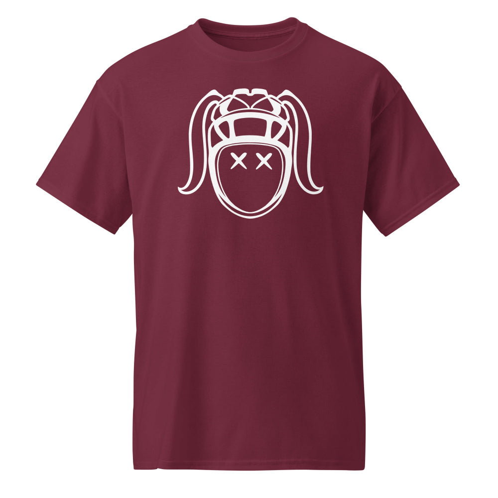 Maroon women's rugby tee shirt with bold white rugby girl harlequin graphic, casual fit. - Rugby Girl
