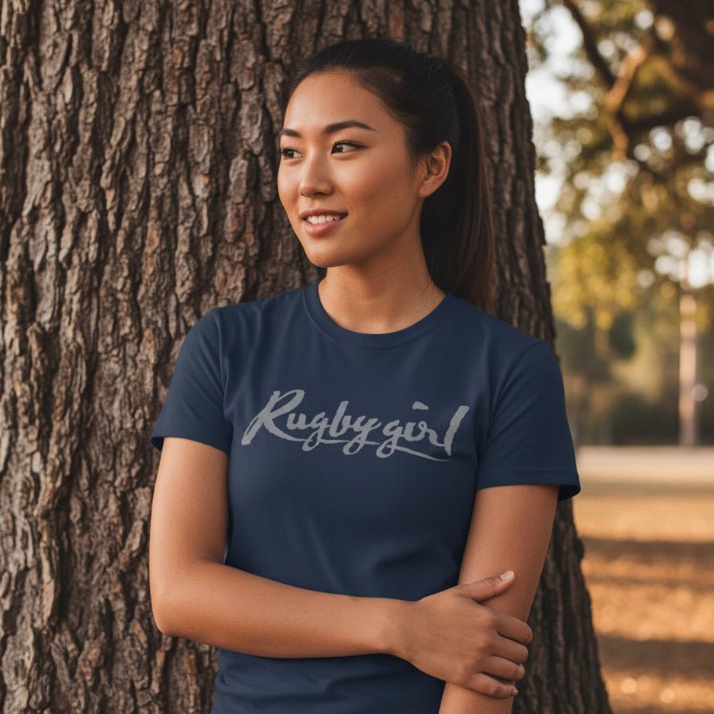Navy women's rugby t-shirt with cursive "Rugby girl" logo, casual fit for rugby fans and players. - Rugby Girl
