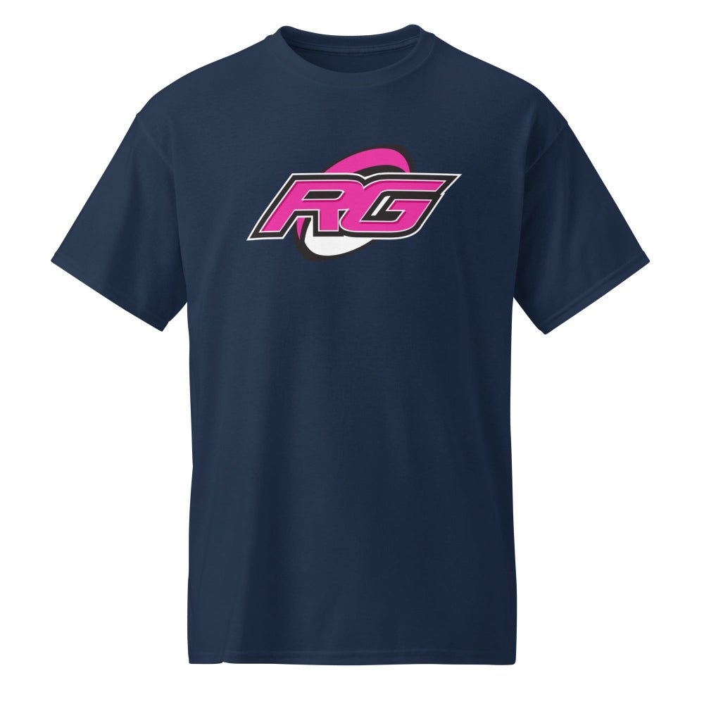 Navy women's rugby t-shirt with bold pink and white RG logo, casual sportswear for rugby girls and fans. - Rugby Girl