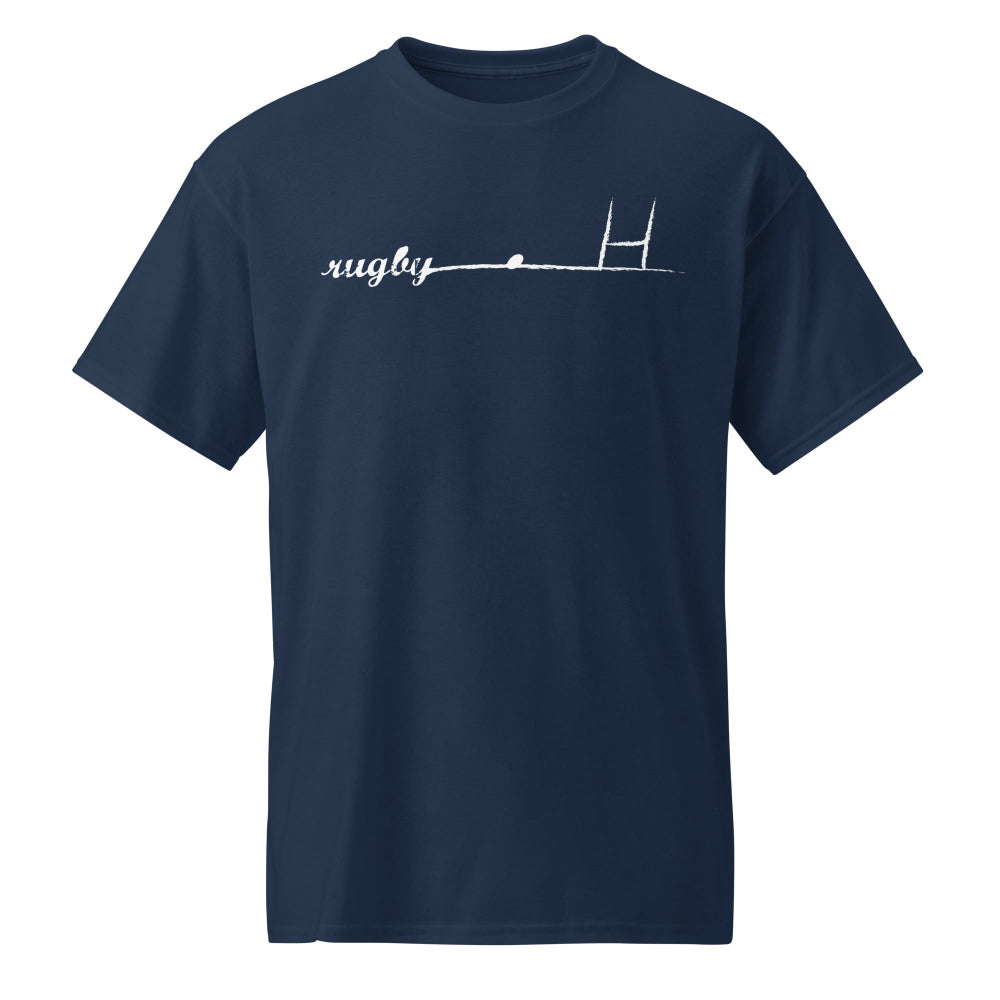 Navy women's rugby t-shirt with minimalist rugby goalpost and text graphic, casual rugby apparel. - Rugby Girl