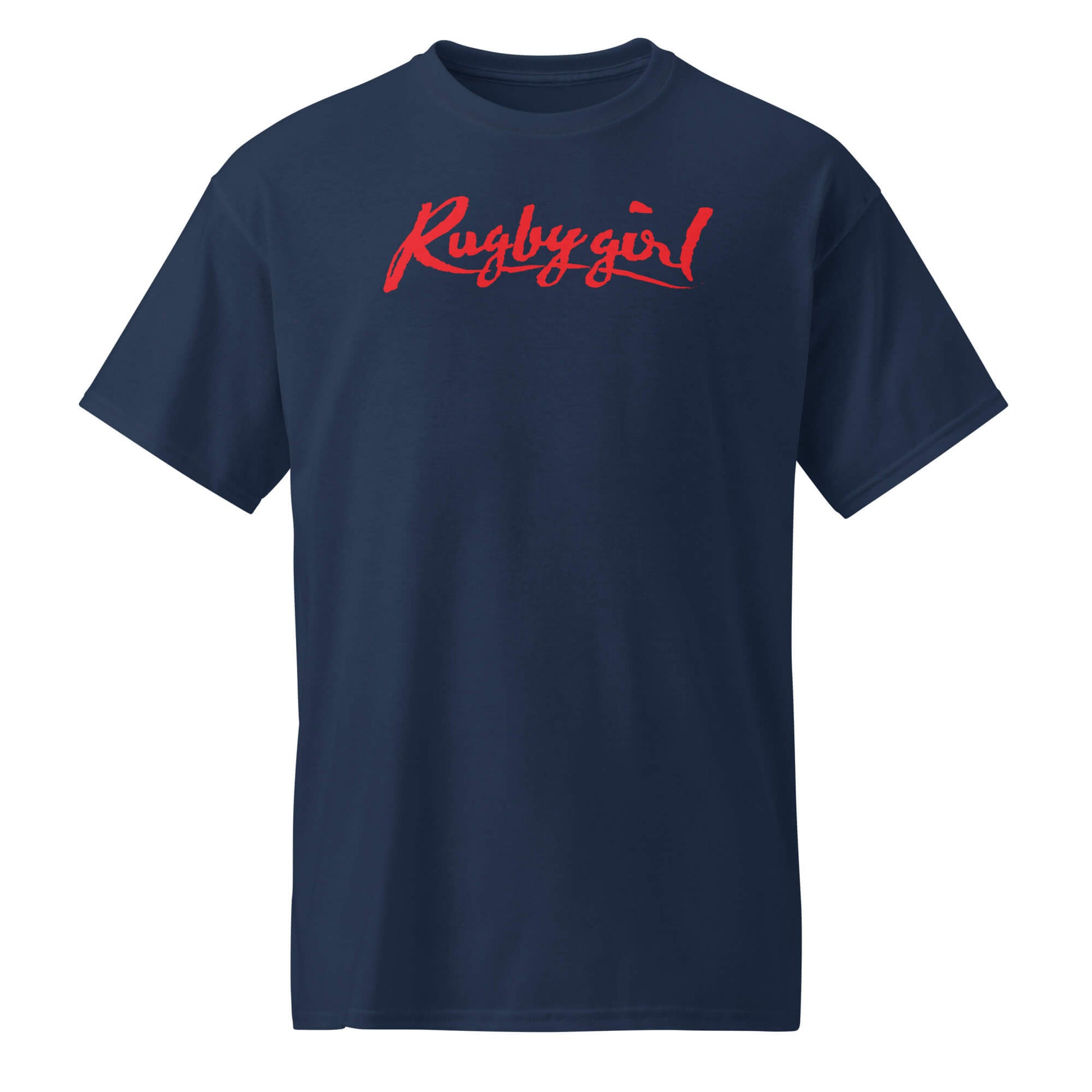Navy blue t-shirt with red 'Rugbygirl' text on a white background