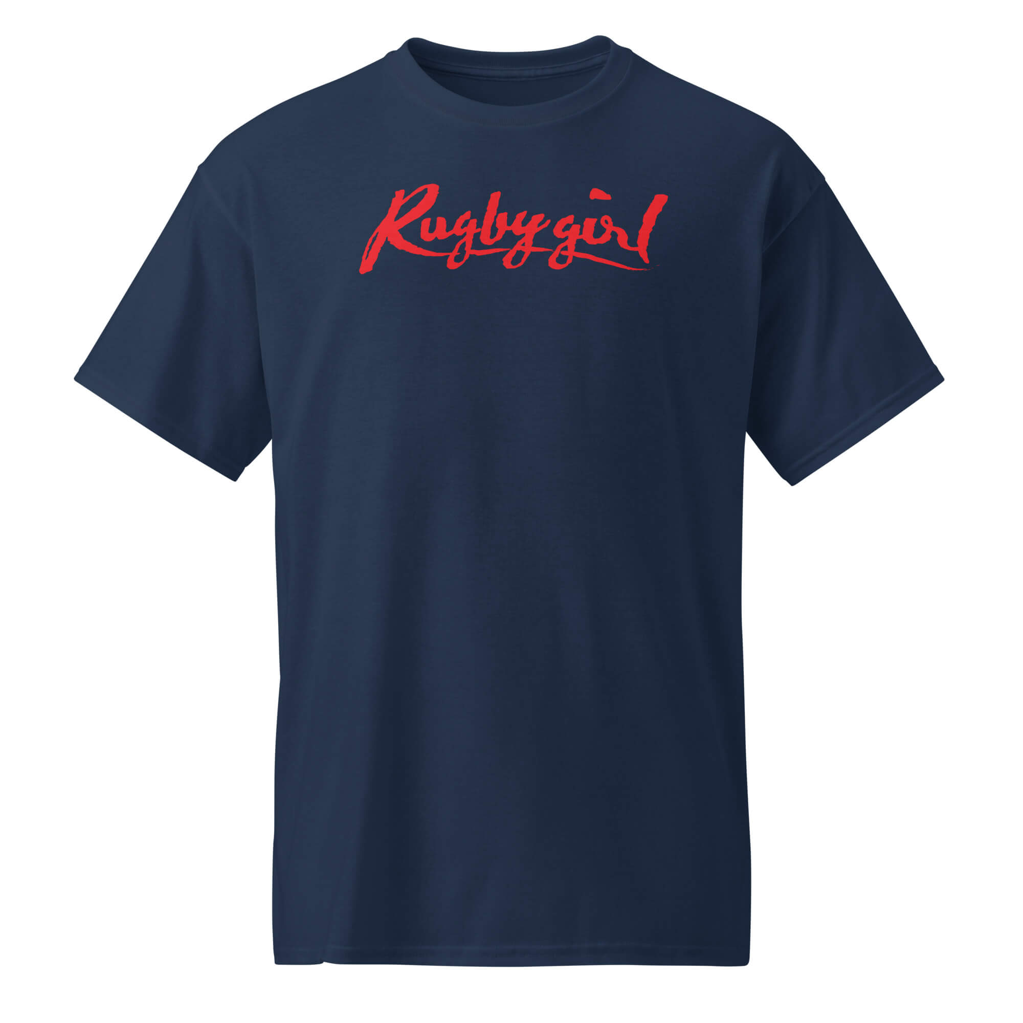 Navy blue t-shirt with red 'Rugbygirl' text on a white background