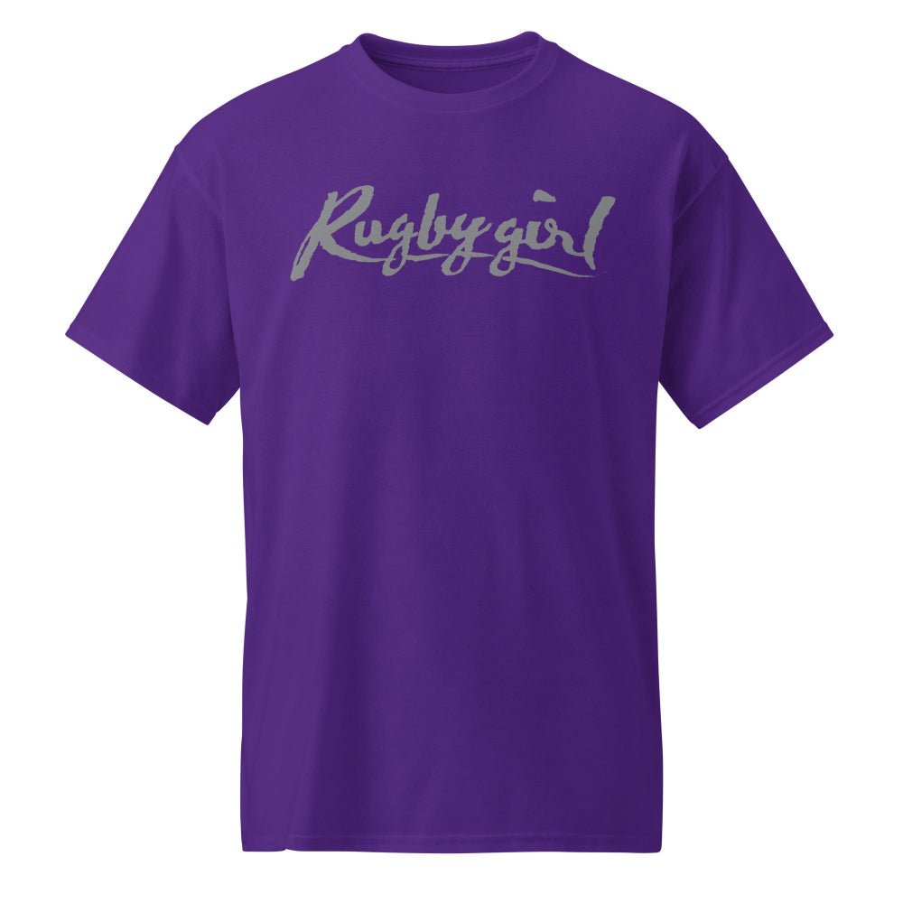 Purple women's rugby t-shirt with silver "Rugby Girl" script, casual sportswear design. - Rugby Girl