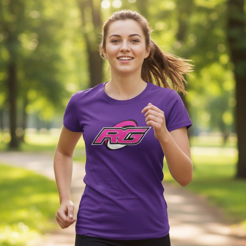 Purple women's rugby t-shirt with bold RG Impact logo, designed for rugby girls and fans. - Rugby Girl
