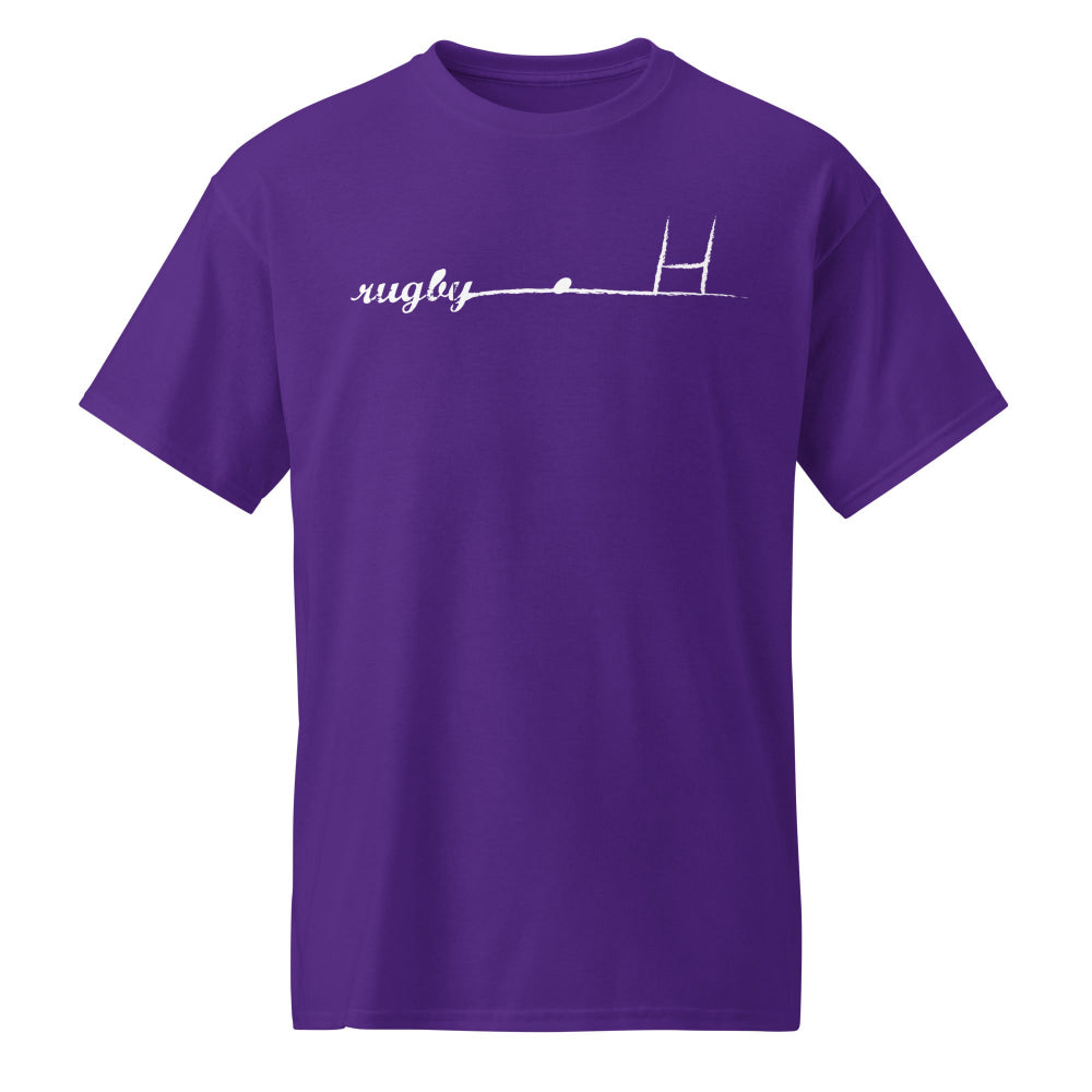 Purple women's rugby t-shirt with white cursive "rugby" and goalpost graphic, casual rugby apparel. - Rugby Girl
