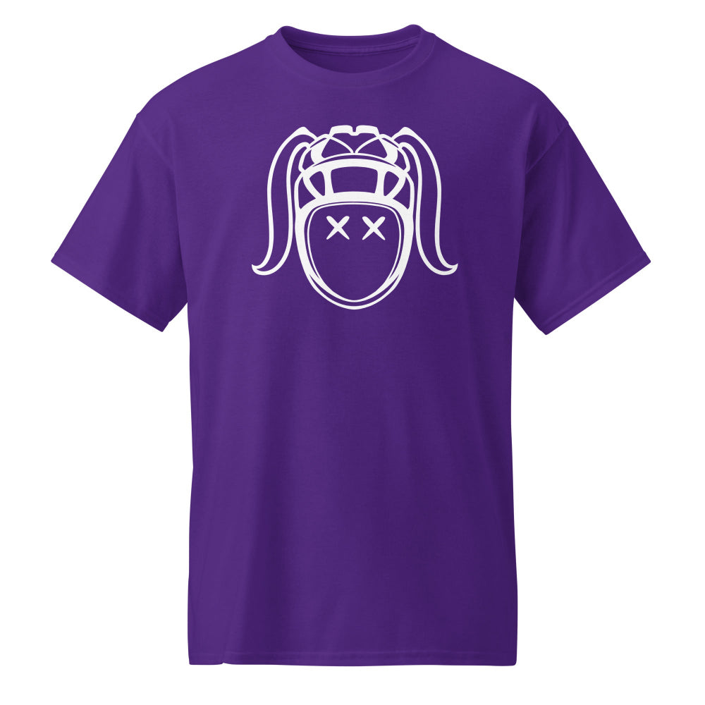Women's rugby T shirt in vibrant purple with white bold Rugby Girl harlequin helmet graphic, perfect rugby gift and casual. - Rugby Girl 