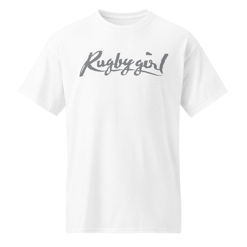 White women's rugby t-shirt with bold "Rugby girl" script, casual athletic style. - Rugby Girl